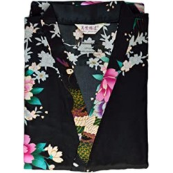 Kimono Femme Satin Noir Motif Fleurs et Paons