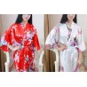 Kimono Femme Satin Noir Motif Fleurs et Paons